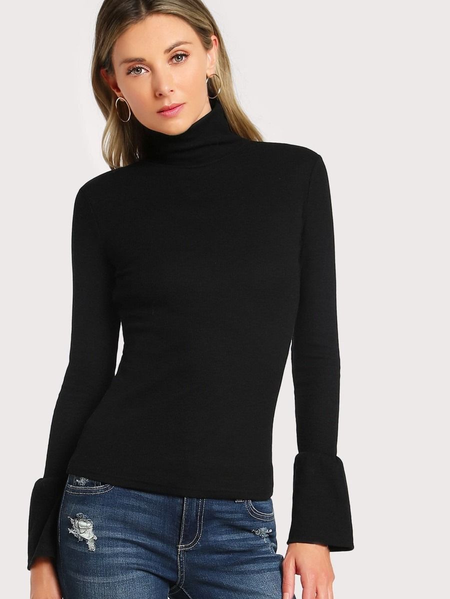 Bell Cuff Rib Knit Fitted Tee | SHEIN