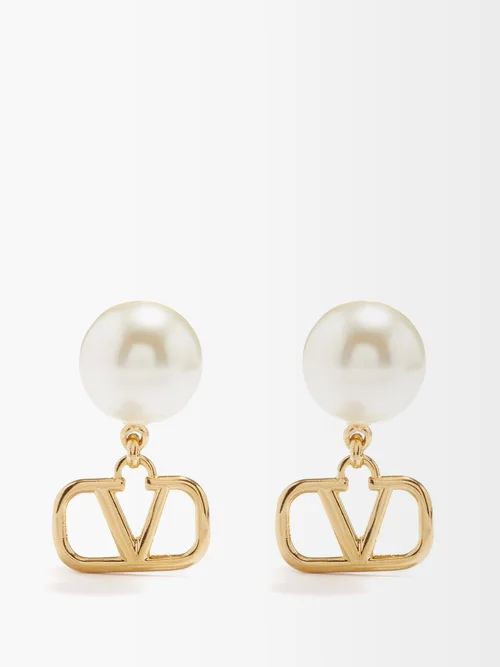 Valentino Garavani - Rocktsud, V-logo & Faux-pearl Earrings - Womens - Pearl | Matches (US)