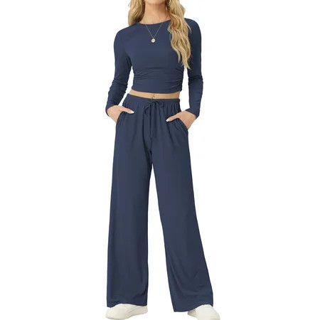 MINTREUS Lounge Sets for Women Long Sleeve Tops Wide Leg Pants Comfy Loungewear Two Piece Outfits with Pocketed | Walmart (US)