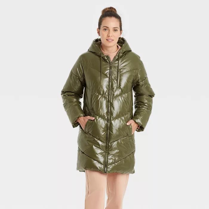 Women's Mid Length Wet Look Puffer Jacket - A New Day™ | Target