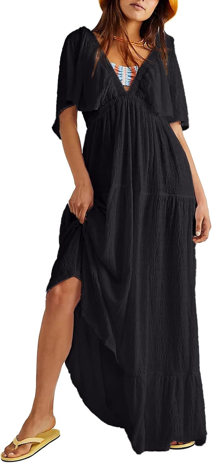 Shiyifa Women's Deep V Neck Tiered Dress Flutter Sleeve Elastic High Waist Flowy A Line Dresses | Amazon (US)