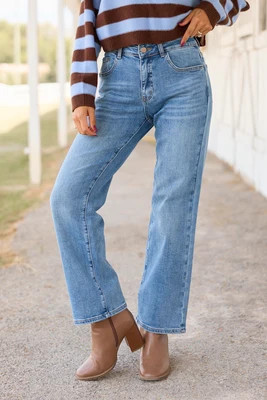 My Favorite Medium Wash High Waisted Straight Jean | Pink Lily