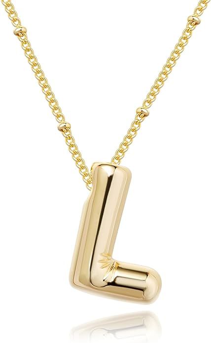 Gold Bubble Letter Necklace for Women, 14k Gold Plated Balloon Initial Letter Pendant Necklace Da... | Amazon (US)
