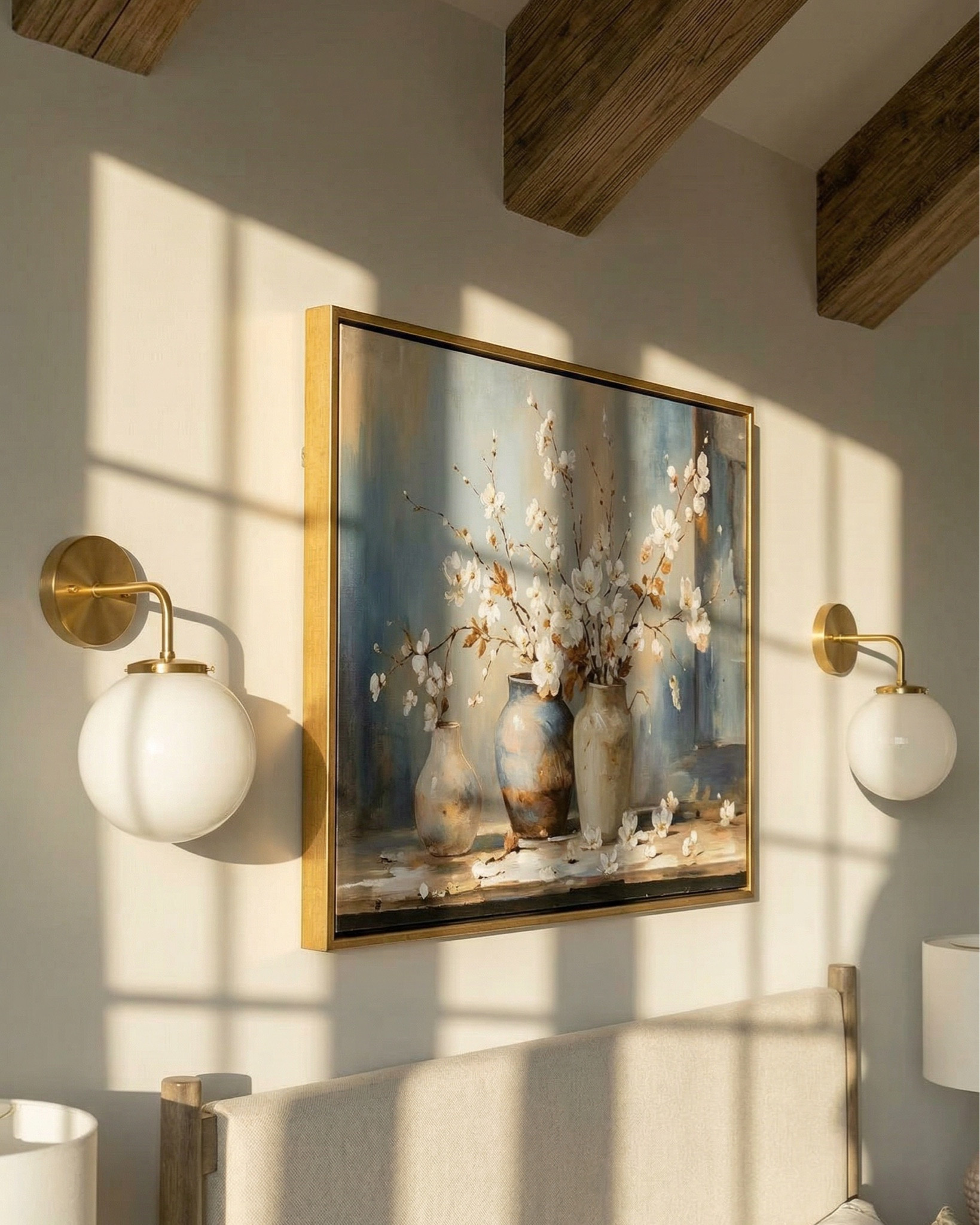 Upholstered bed with wood frame
Wood Nightstands 
6-drawer wood dresser 
Wood upholstered Accent chair 
Upholstered white bench
Mid-century style chandelier (brass + globe bulbs)
Wall sconces
Ceramic Table lamps
 artwork 
Decorative mirror (arched, gold frame)
Area beige rug vintage-style, muted tones
Brown Throw blanket (chunky knit)
Floral Decorative pillows
Candlesticks
Decorative brass trays
Small decor bowls
Decor Books 
Sculptural decor objects
White ceramic Vases with greenery/branches
Brass floor lamp


#LTKHome #LTKSaleAlert