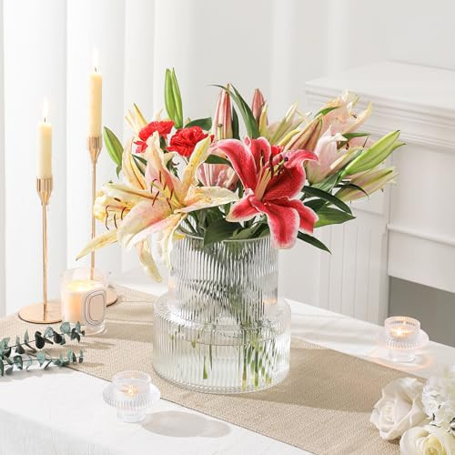 YANWE1 Ribbed Glass Vase, Large Glass Vase for Flowers, Fluted Glass Vases, Clear Glass Vases for Living Room, Office, Dining Table, Entryway, Mantle, Shelf, Wedding, 9 Inches | Amazon (US)