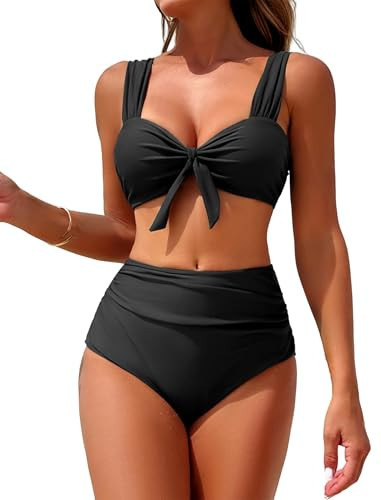 ZAFUL High Waisted Bikini Sets for Women Bathing Suit 2 Piece Swimsuit 2024 Push Up Tummy Control Vintage Modest Swim Suits Cheeky Cute Swimwear Black M | Amazon (US)