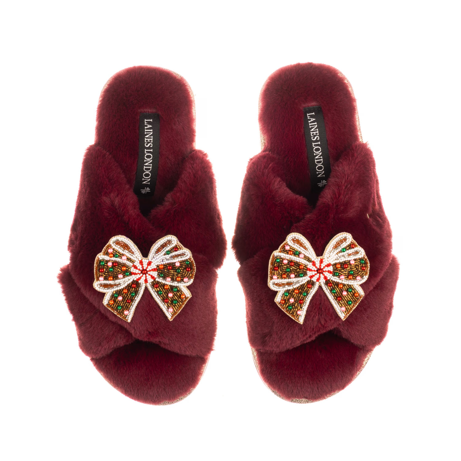 Classic Laines Slippers With Christmas Gingerbread Bows Brooches - Limited Edition Burgundy | Wolf & Badger