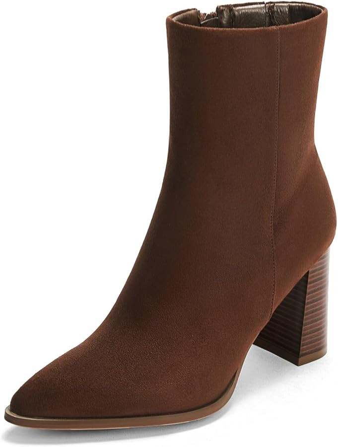 Coutgo Womens Ankle Boots Pointed Toe Chunky Stacked Heel Side Zipper Dress Fall Booties Shoes | Amazon (US)