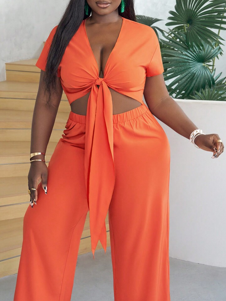 SHEIN Slayr Plus Size V-Neck Chest Binding Orange Casual Holiday Spring/Summer Women Wide-Leg Str... | SHEIN
