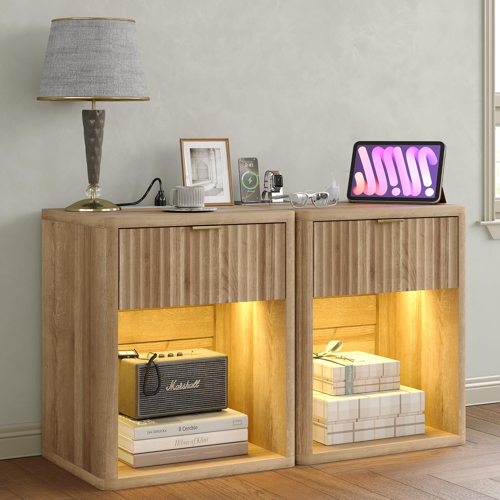 Night Stand Set of 2 Nightstands with Drawer Storage Bed Side Table End Table Large Modern Wood W... | Amazon (US)