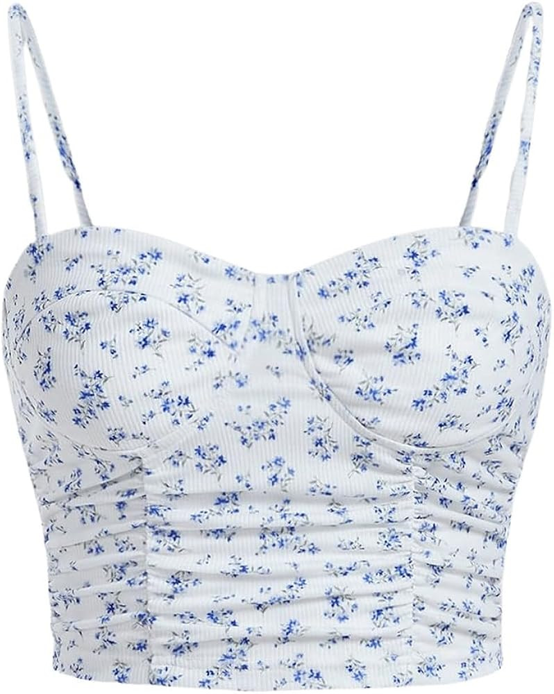 SOLY HUX Women's Ditsy Floral Print Ruched Cami Crop Tops Spaghetti Strap Summer Top | Amazon (US)