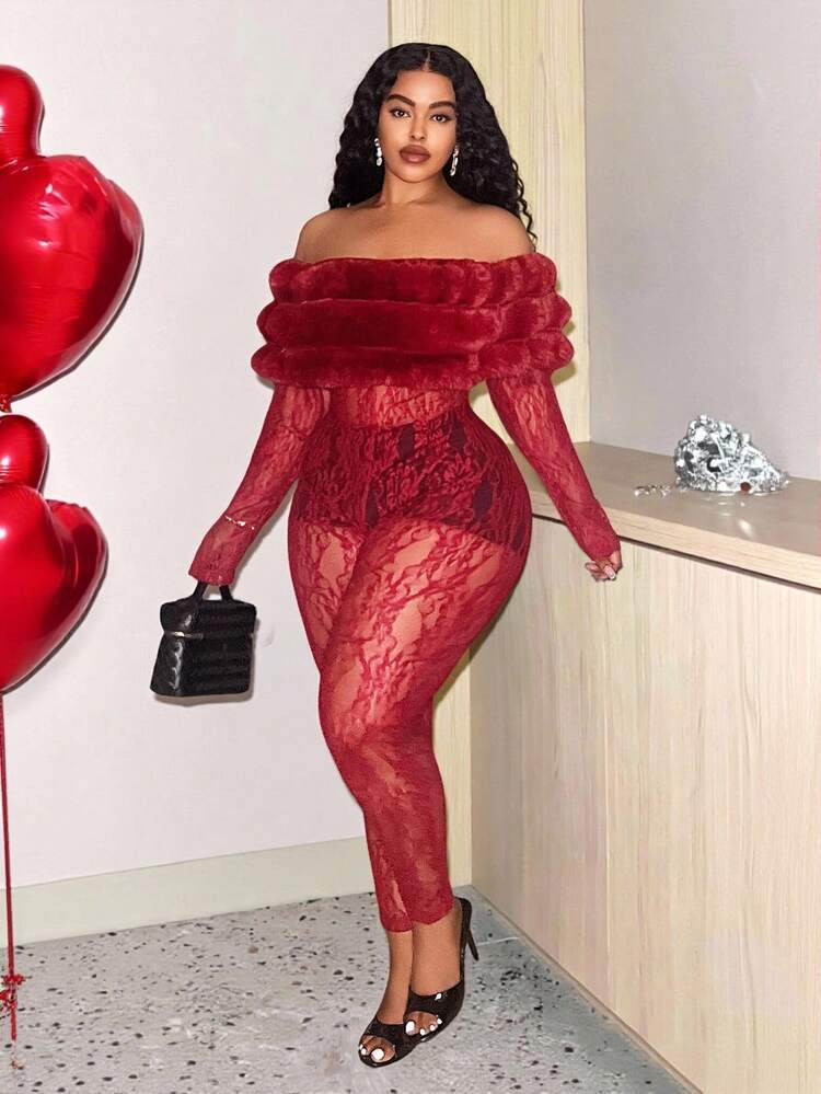 Slaydiva Autumn/Winter New Elegant Sexy & Elegant Party & Gathering & Date & Wedding Season & Graduation Season & Bachelorette Party & Birthday Party Slim Solid Jujube Red Off-Shoulder Tasseled Furry Collar Sheer Lace Fabric Skinny Jumpsuit - Plus Size M,See Through Jumpsuit ,Red Club Outfit, Curve Birthday Outfit, Sexy Red Outfit,Valentine's Day | SHEIN