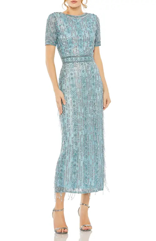 Mac Duggal Women's High Neck Short Sleeve Crystal Fringe Column Dress in French Blue at Nordstrom, Size 12 | Nordstrom