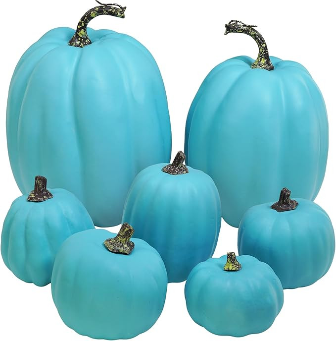 Winlyn 7 Pcs Assorted Artificial Teal Blue Pumpkins Halloween Faux Coastal Decorative Foam Pumpki... | Amazon (US)