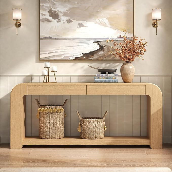 70.87" Long Wood Console Table with 2 Drawers Storage for Entryway, Minimalist Farmhouse Curved S... | Amazon (US)