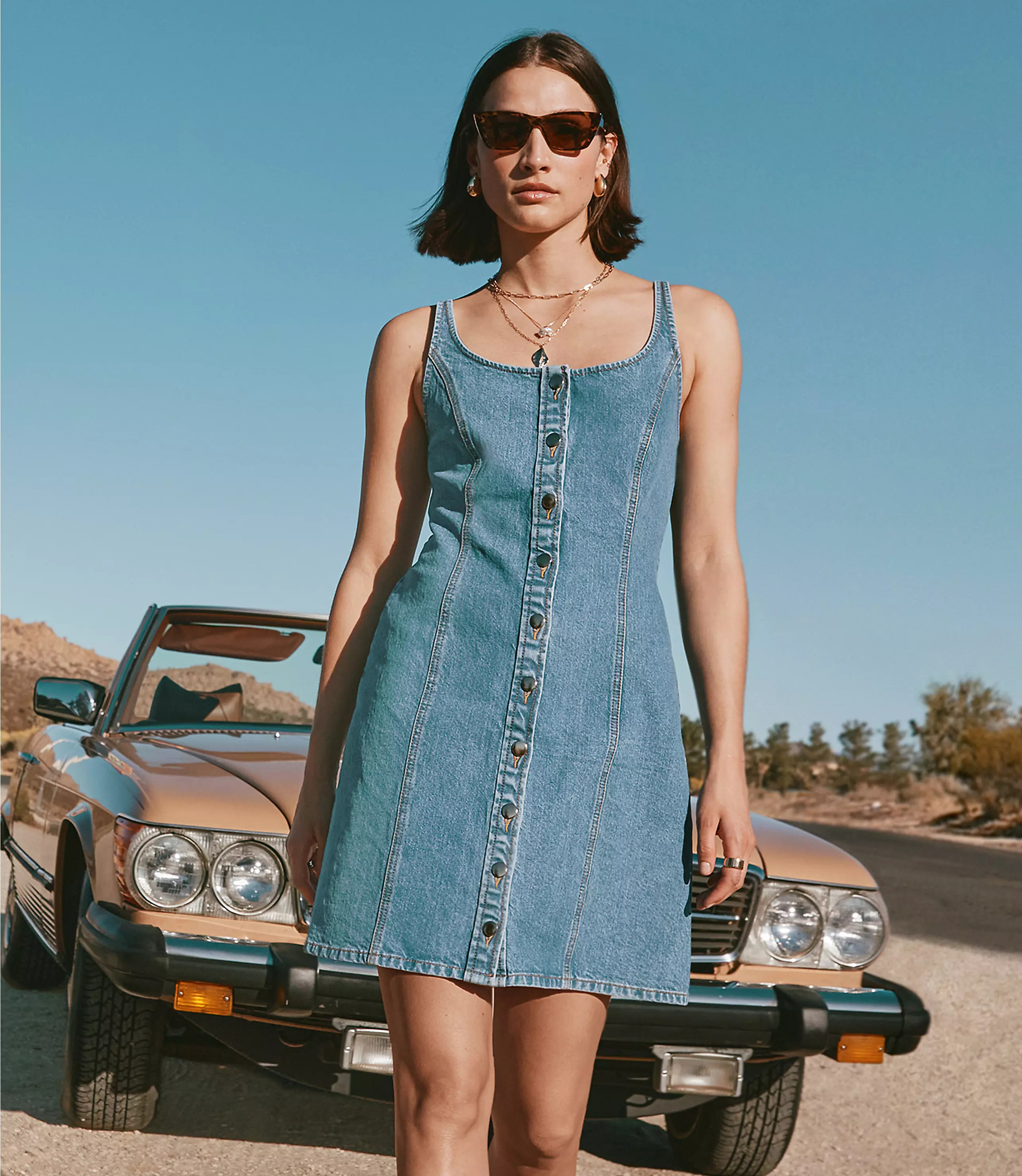 Denim Seamed Button Mini Dress in Classic Mid Wash | LOFT