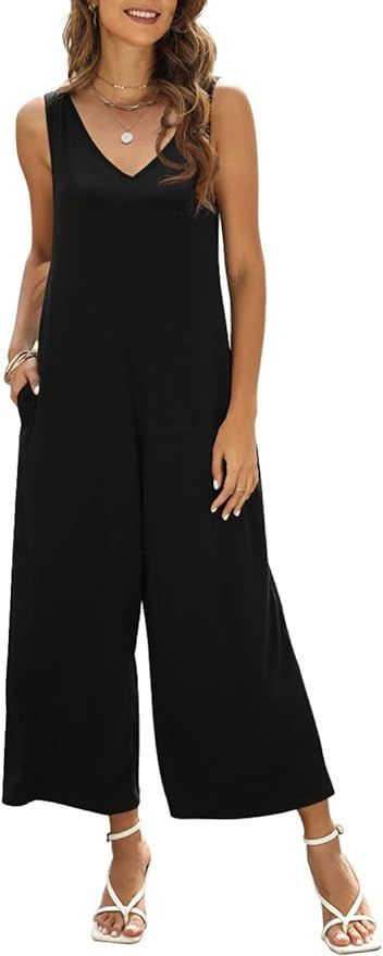 Qnasey Women's Summer Loose Tank Top Jumpsuit Casual Sleeveless V Neck Romper Wide Leg Long Jumps... | Amazon (US)