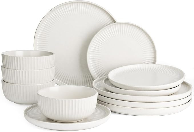 Famiware Starlight Dinnerware Sets, Plates and Bowls Dish Set of 4 (12 Pieces), Ribbed Textured S... | Amazon (US)
