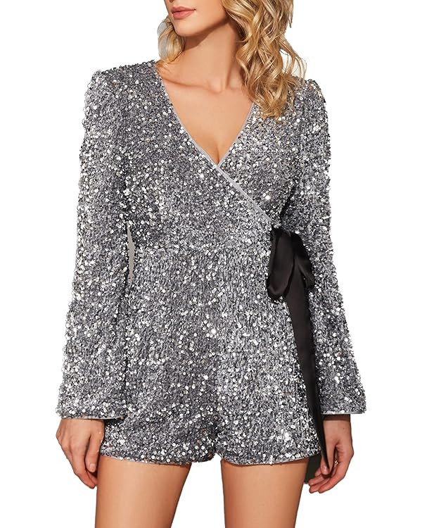EXTRO&VERT Sequin Romper for Women Sparkly One Piece Jumpsuit Long Sleeve Disco Party Outfit | Amazon (US)