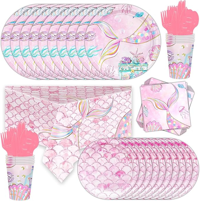 81Pcs Mermaid Birthday Party Tableware Set Mermaid Tail Jellyfish And Shell Printed Tissue,Pink U... | Amazon (US)