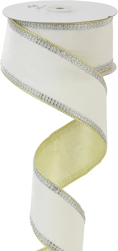 Gold & White Velvet with Rhinstone Edge Wired Ribbon 2.5 Inch Luxury Jeweled Ribbon 5 Yards Spark... | Amazon (US)