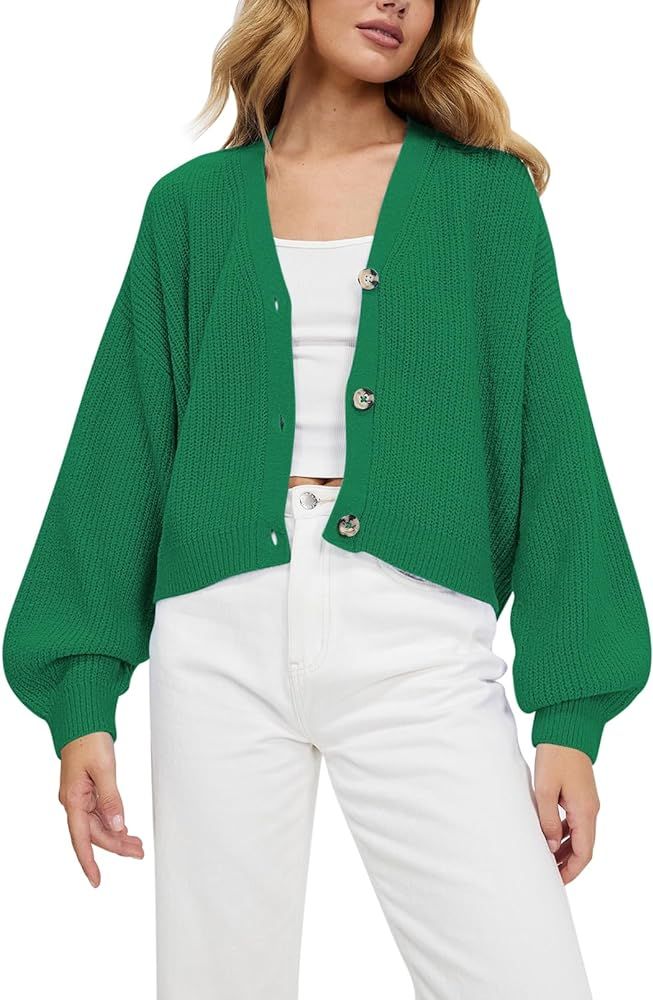 Women's 2023 Fall Button Down V Neck Batwing Long Sleeve Ribbed Knit Cropped Cardigan Sweater Top | Amazon (US)