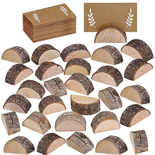 30 Pcs Rustic Wood Wedding Place Card Holders with 32 Pcs Kraft Tented Cards Half-Round Table Numbers Holder Stand Wooden Memo Holder Card Photo Picture Note Clip Holders Escort Card Holder | Amazon (US)