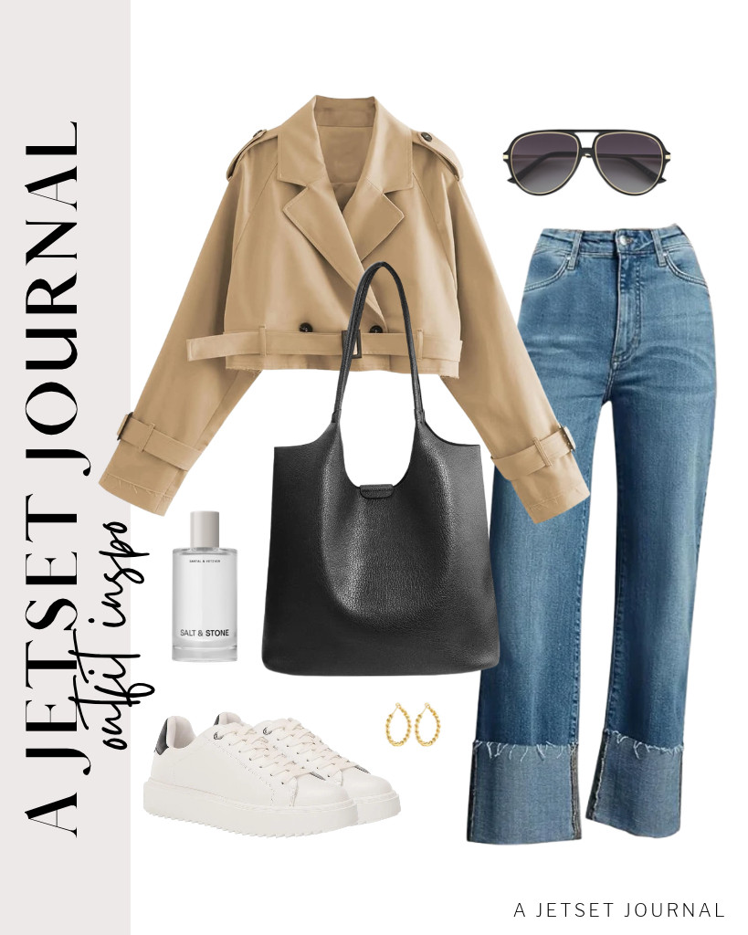 This combo of this khaki double-breasted cropped trench coat and KUNMI straight-leg jeans is another outfit you can copy. This goes well with Steve Madden Charlie sneakers and a soft vegan leather tote bag from HOXIS. These SOJOS polarized aviator sunnies are perfect for this look, too. 

 #LTKSeasonal #LTKSaleAlert #LTKTravel