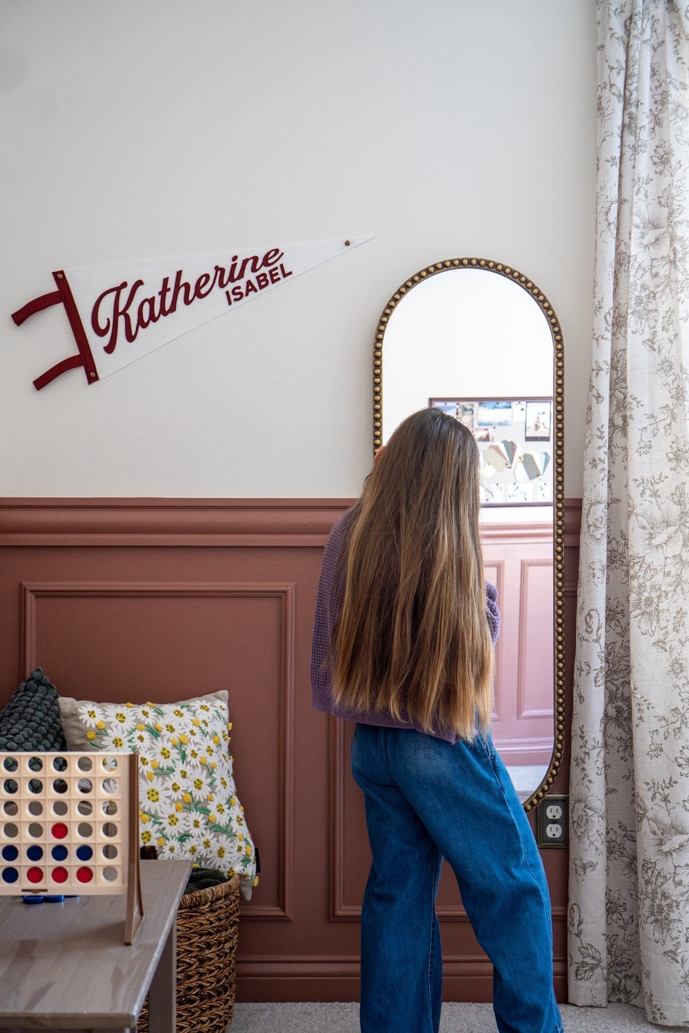 Custom name pennant, oval mirror, floral curtains, flower pillows connect 4 game 

#LTKHome #LTKKids