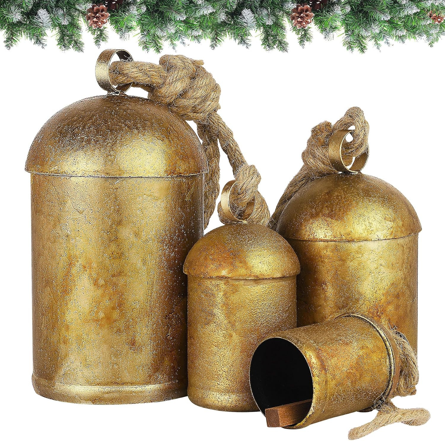 Fovths 4 Pack Giant Christmas Cow Bells Large Metal Hanging Bells Rustic Cow Bells with Rope Harmony Wind Chimes Bells for Christmas Fireplace Garland Holiday Decoration | Amazon (US)
