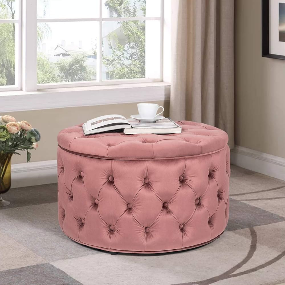 Homebeez Round Velvet Storage Ottoman, Button Tufted Footrest Stool Coffee Table (Rose) | Amazon (US)