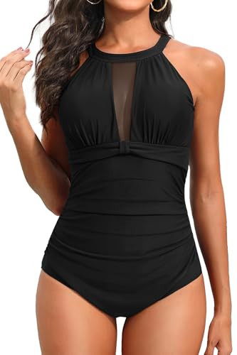 Tempt Me Women One Piece Swimsuit Blue High Neck Plunge Ruched Tummy Control Bathing Suit 1X | Amazon (US)
