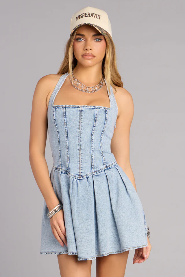 Darling Charm Halter Pleated Denim Skater Dress | Windsor Stores