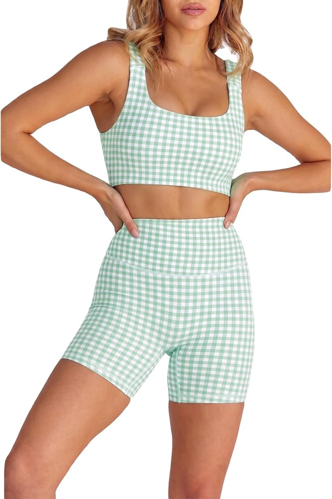 Womens Gingham Workout Sets 2 Piece Sets Summer Outfits Athletic Sports Bra High Waist Shorts Set... | Amazon (US)