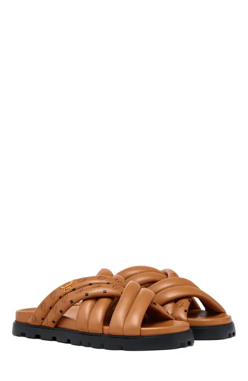 MCM Monogram Print Cross Sandals in Lamb Leather in Cognac at Nordstrom, Size 45 | Nordstrom