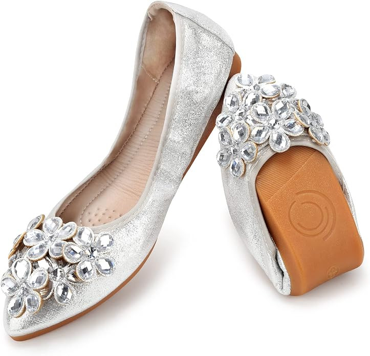 Women's Ballet Flats Rhinestone Soft Wedding Ballerina Shoes Foldable Sparkly Dress Comfort Slip ... | Amazon (US)