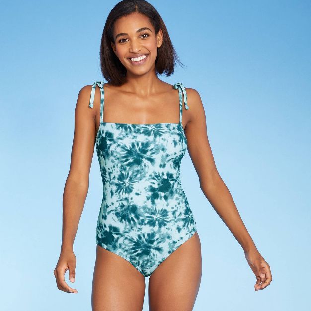 Women's Shoulder Tie Square Neck Medium Coverage One Piece Swimsuit - Kona Sol™ Blue Tie-Dye | Target