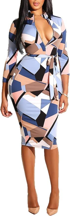 ECHOINE Women Sexy Floral Print Deep V Neck Short Sleeve Zip Bodycon Pencil Long Dress Club Outfi... | Amazon (US)