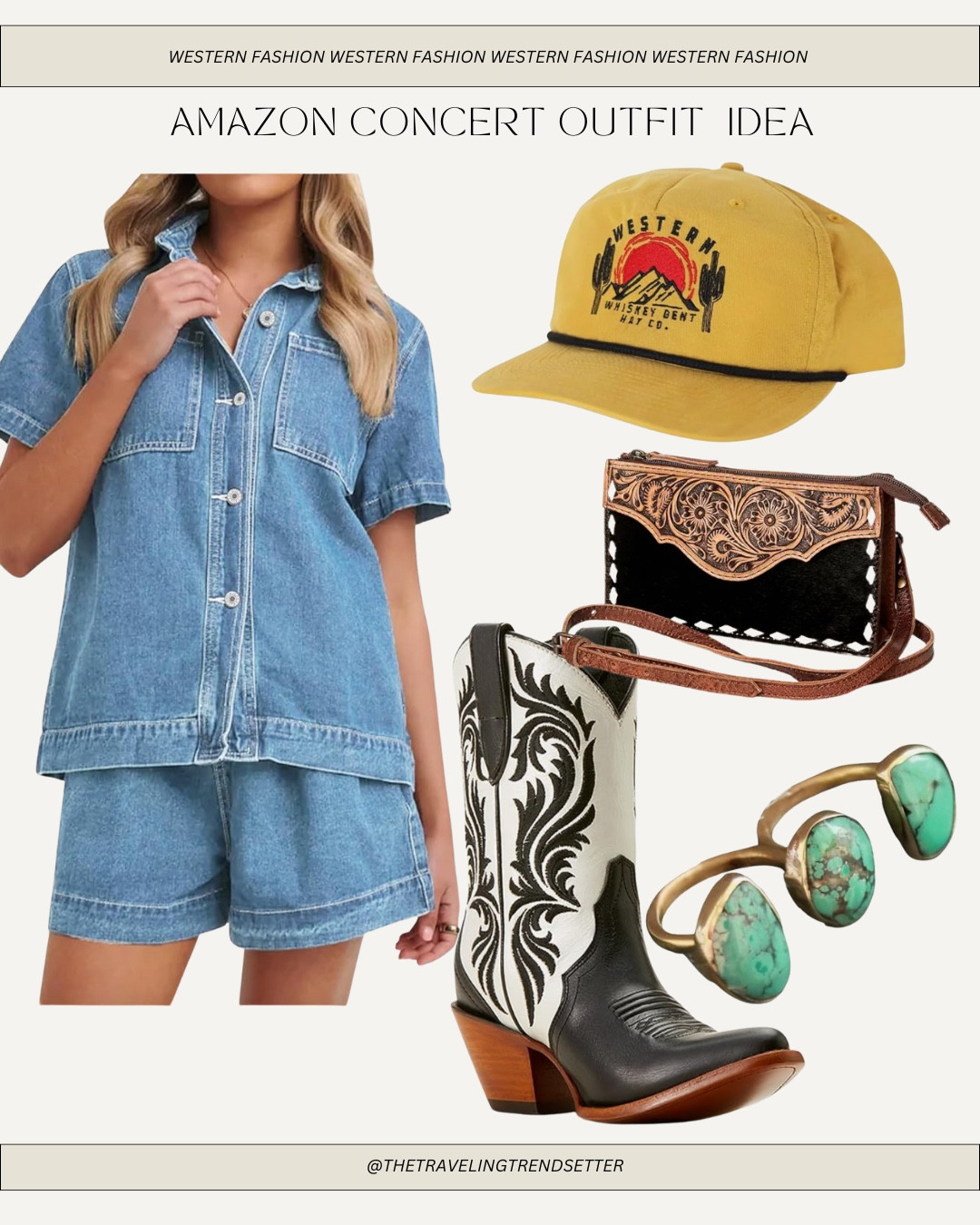 Amazon Country concert outfit ideas for summer denim on denim hat, cowgirl, boots, turquoise purse

#LTKStyleTip #LTKFindsUnder100 #LTKFindsUnder50