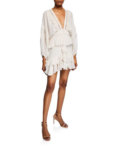 Shona Joy Rafaella Plunge-Neck Long-Sleeve Frill Mini Dress | Neiman Marcus
