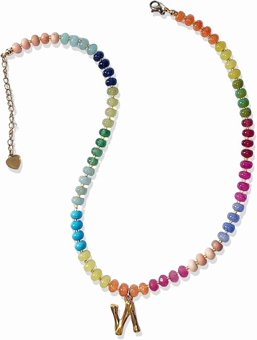Colorful Beaded Initial Necklaces for Women Handmade Nature Gemstone with Bubble Letter Necklace ... | Amazon (US)