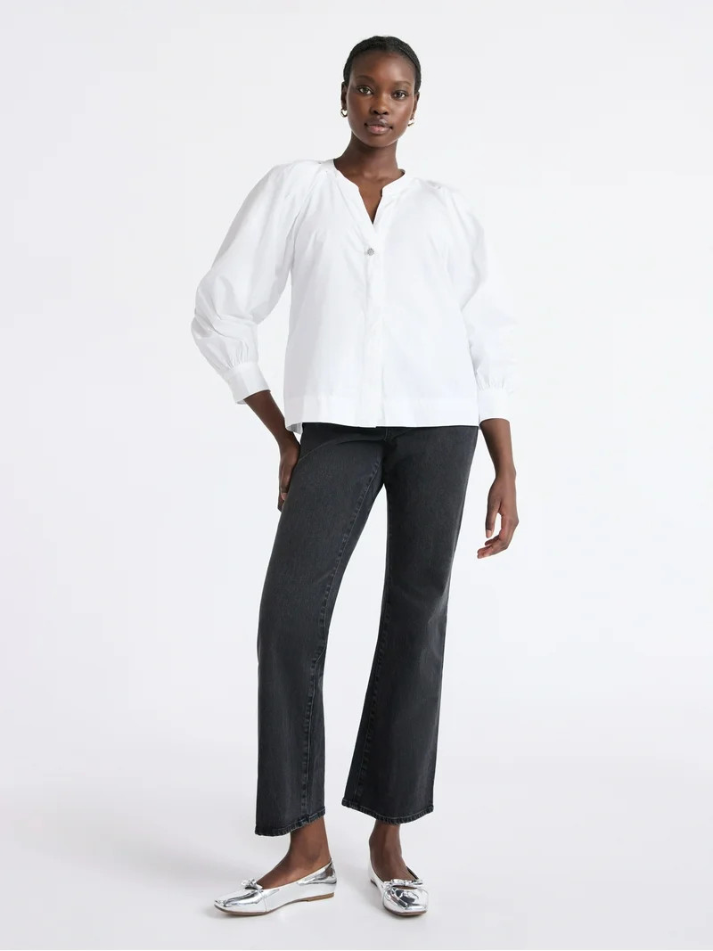 Free Assembly Women's and Women's Plus Cotton Pleat Neck Shirt with Long Sleeves, Sizes XS-4X | Walmart (US)