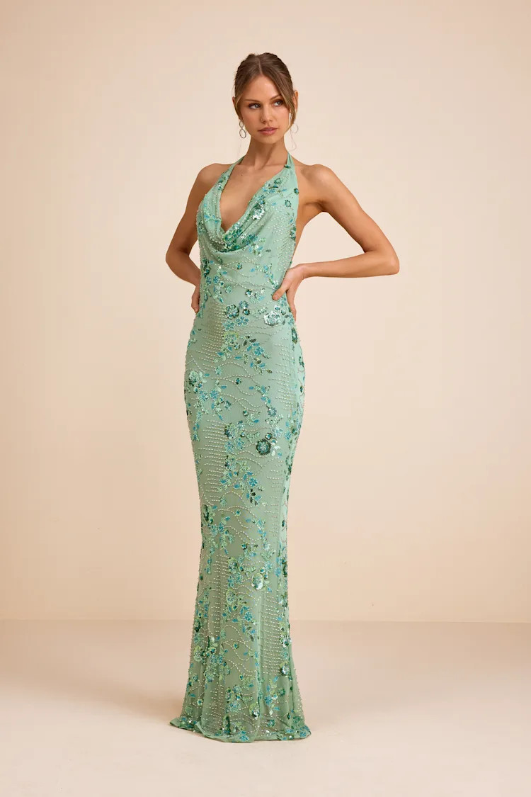 Carlana Mint Green Beaded Sequin Backless Maxi Dress | Lulus
