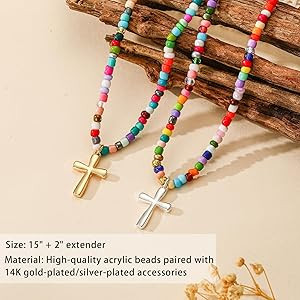Colorful Beaded Cross Necklace for Girls Women, 14K Gold Plated Pendant Baptism Birthday Christia... | Amazon (US)