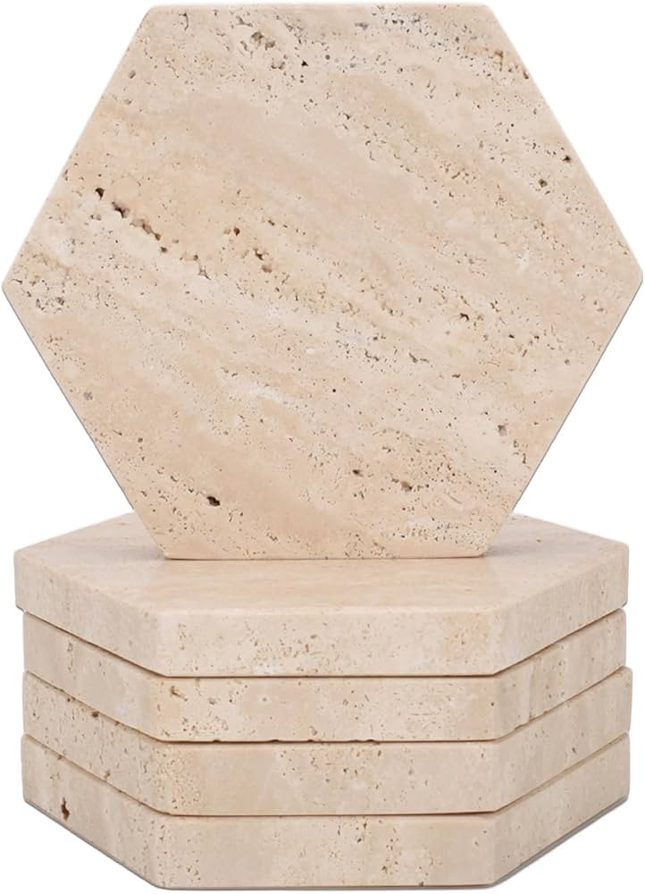 WORHE Marble Coasters Hexagon Drink Coasters Set of 5 Natural Cream Travertine Stone Coaster for ... | Amazon (US)