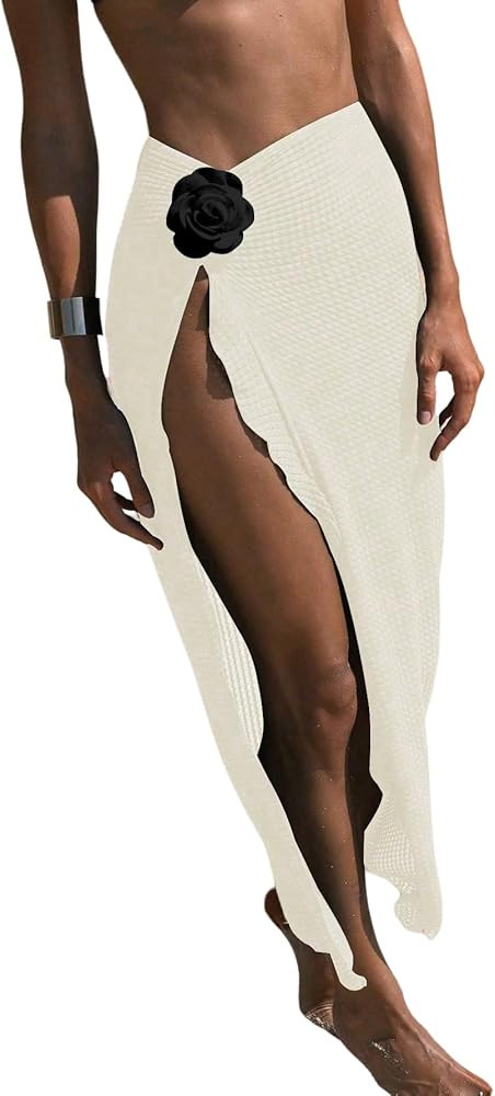 Women's Beach Cover Up Skirt 3D Flower Crochet Out High Split Swimsuit Bathing Suit Beach Skirt | Amazon (US)