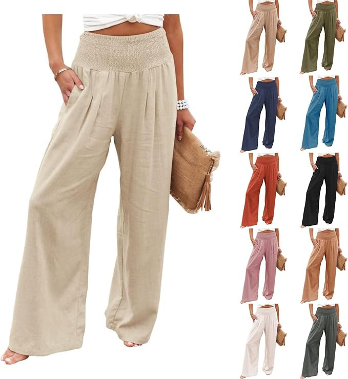 Womens Linen Palazzo Pants Wide Leg Baggy High Waisted Long Lounge Pants Casual Boho Trousers Bea... | Amazon (US)