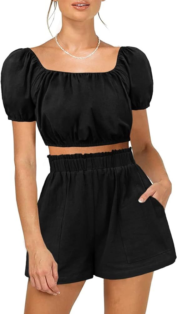 Tutorutor Womens 2 Piece Outfits Summer Short Sets Puff Short Sleeve Square Neck Crop Top High Wa... | Amazon (US)