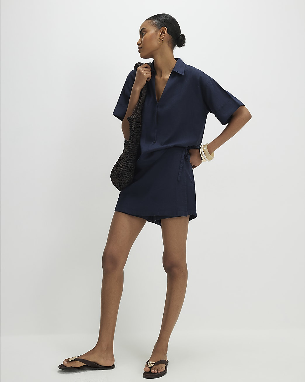 Navy Linen Blend Tie Side Skort | River Island UK & IE