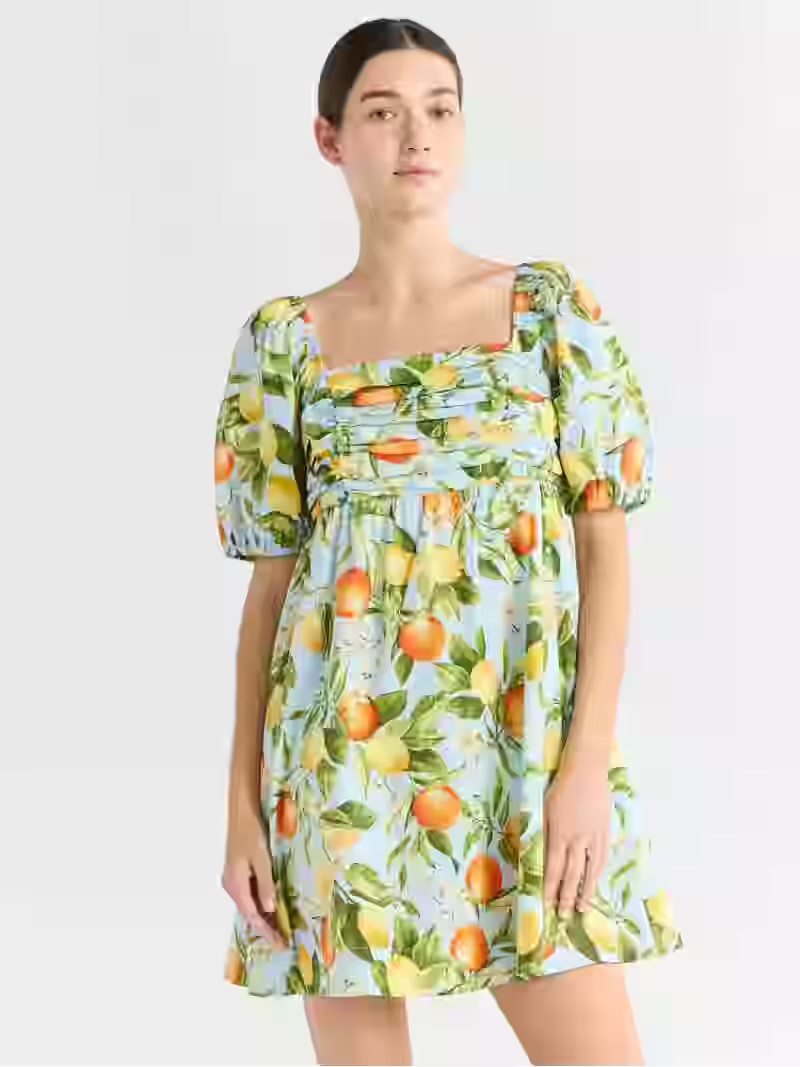 Free Assembly Women's Shirred Cotton Mini Dress with Puff Sleeves, Sizes XS-XXXL | Walmart (US)